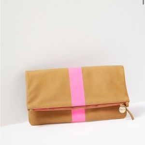 Clare V foldover clutch with tabs, Color: Camel nubuck with pink stripe, NWT/bag